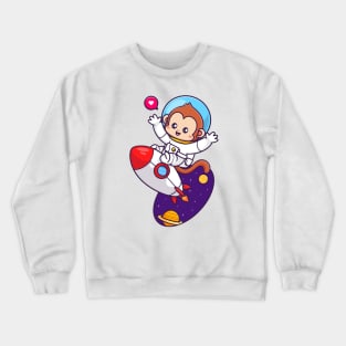 Cute Monkey Astronaut Flying With Rocket In Space Cartoon Crewneck Sweatshirt